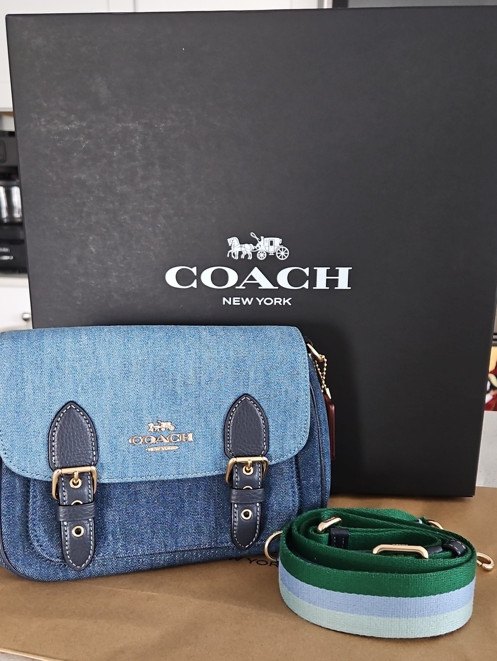 NWOT Coach Lucy Denim Crossbody with Green-Striped Removable Strap Style C8583